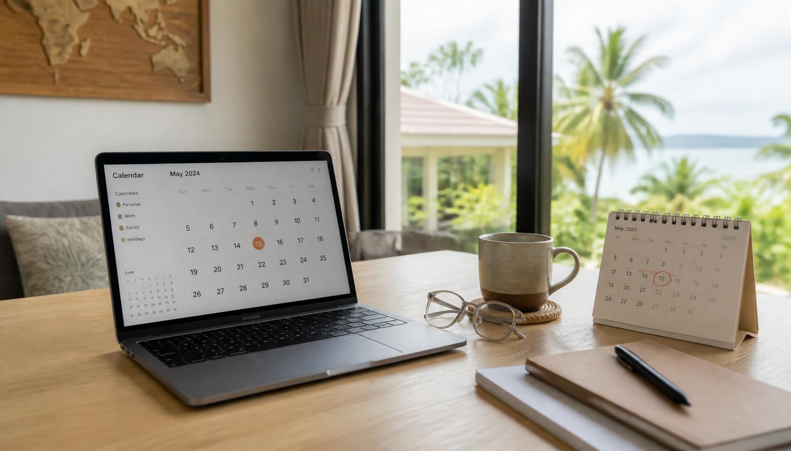 A desk in a Thai apartment with a laptop, passport and wall calendar