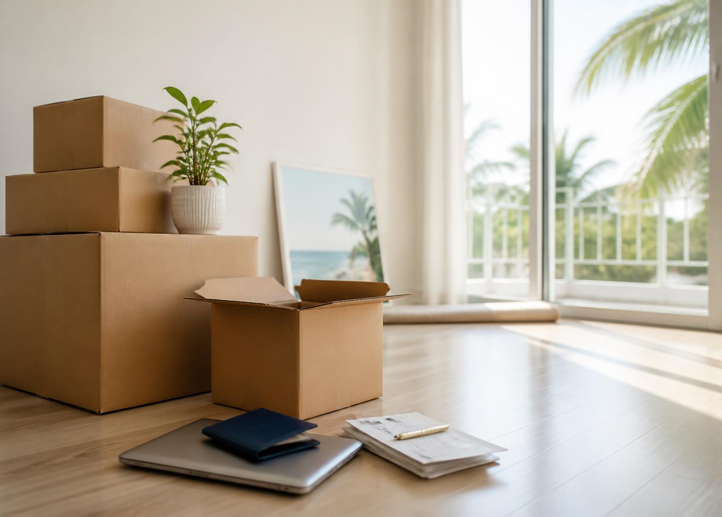 A few packed moving boxes, a passport folder and documents in a bright room with tropical daylight