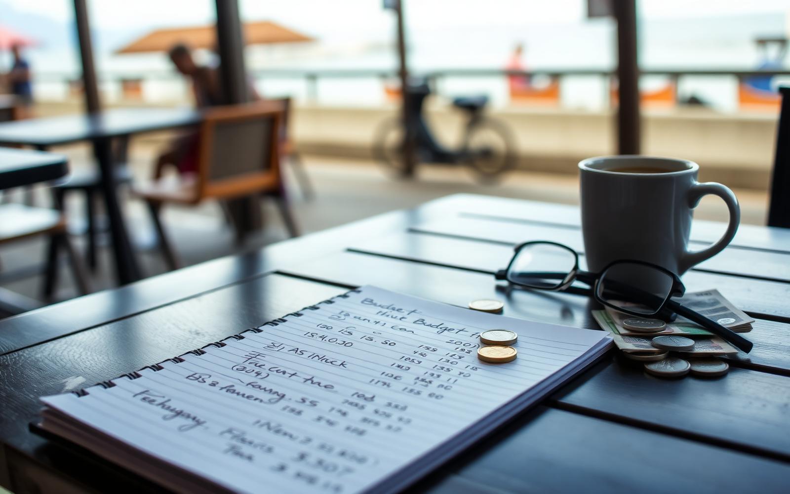 A notebook with handwritten budget figures, coffee and Thai baht on a table by the sea