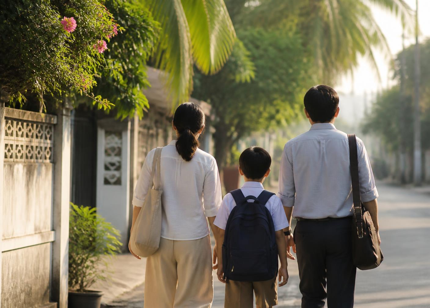 A family walking with their child along a tree-lined street in Thailand on a school morning