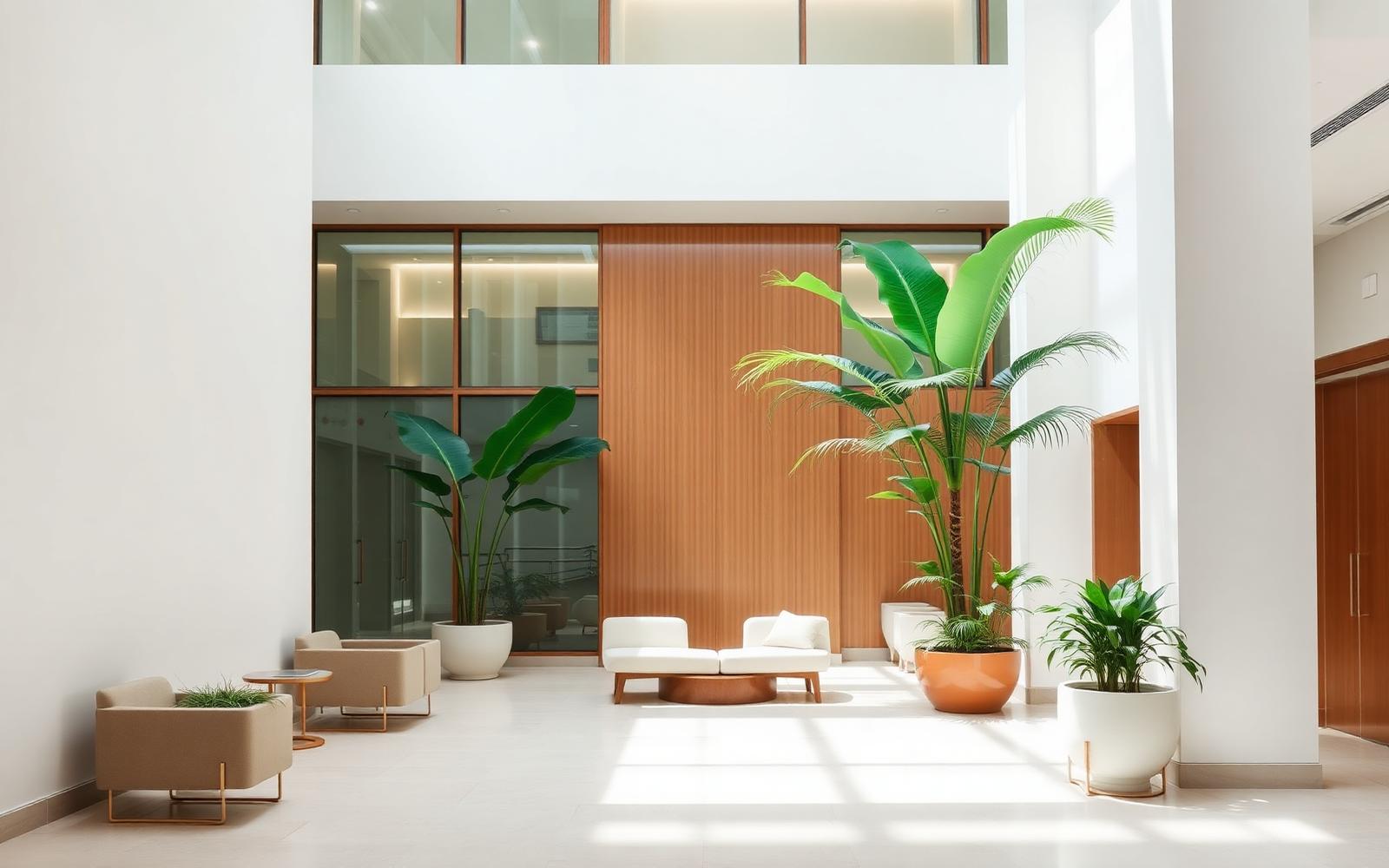 Calm, modern hospital atrium with natural daylight and tropical planting