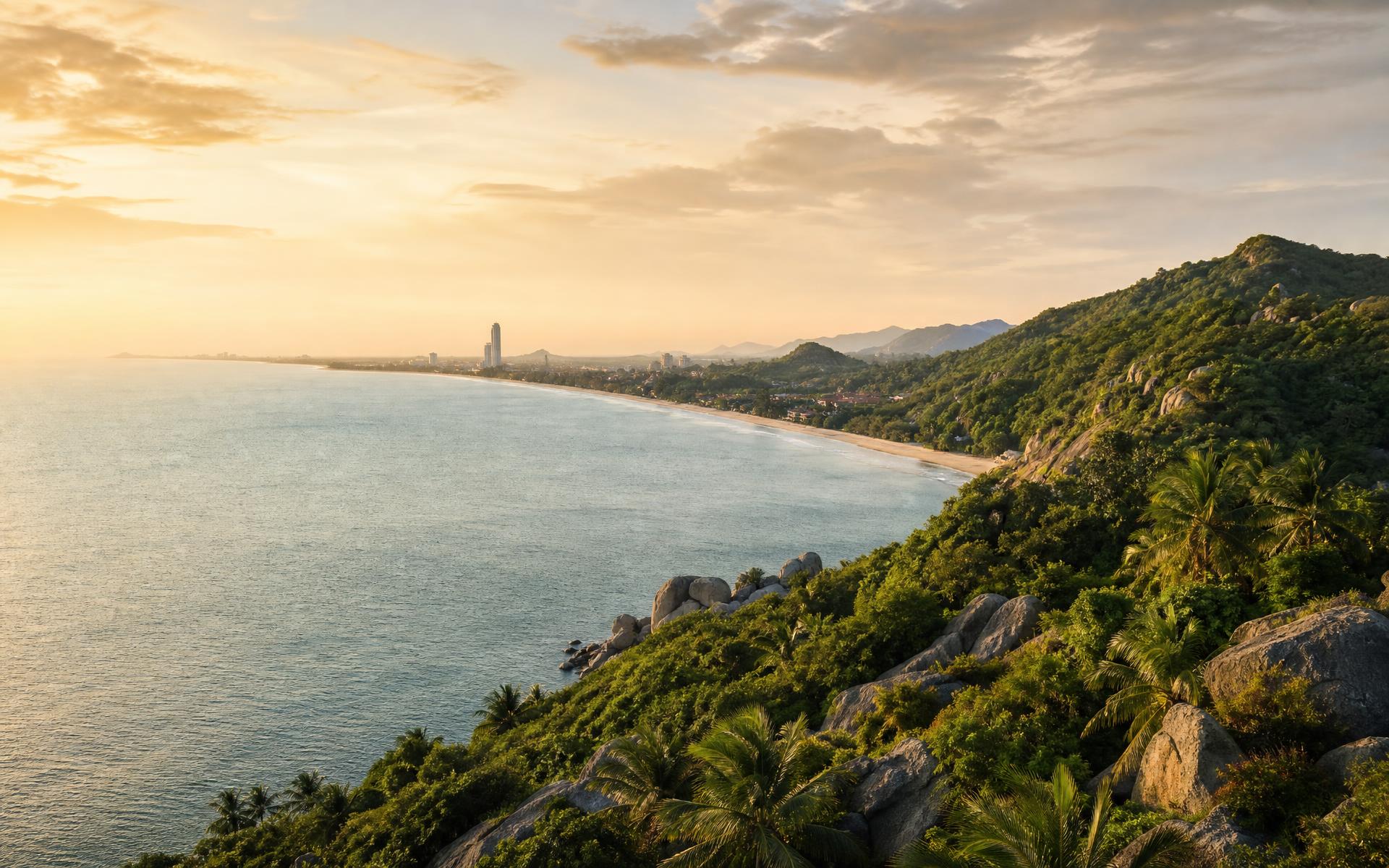 Hua Hin seen from the hills: residential neighbourhoods, tropical trees and the Gulf of Thailand coastline