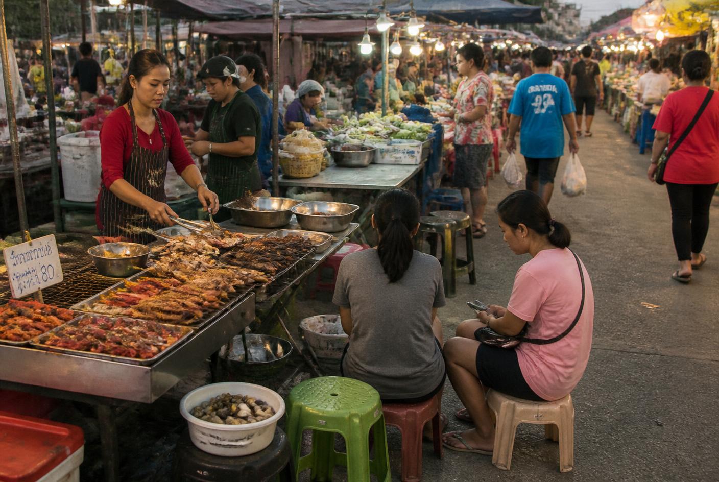 Evening market stall in a Thai town with grilled seafood and residents eating on plastic stools