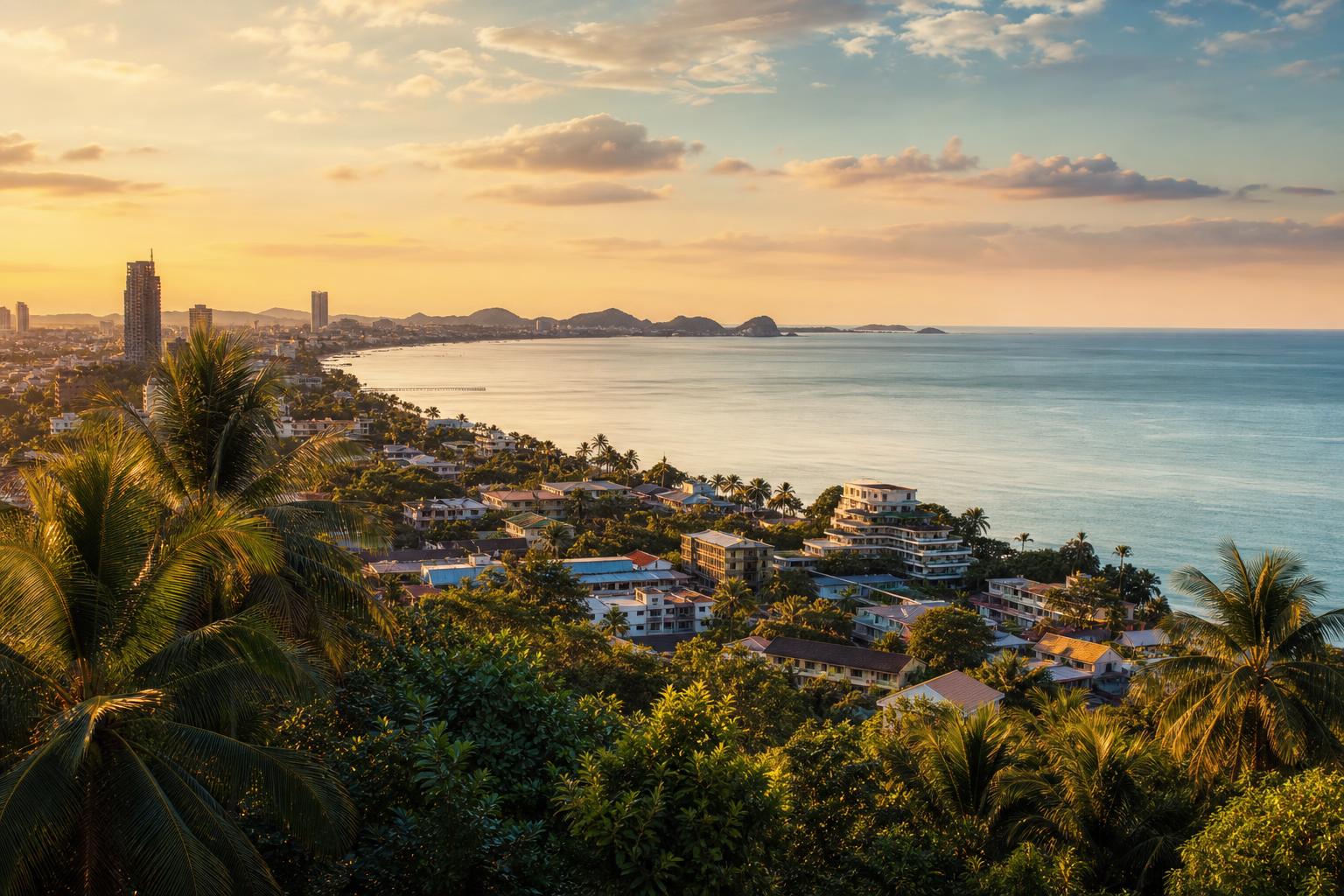 Hua Hin coastline and town seen from the hills at sunset