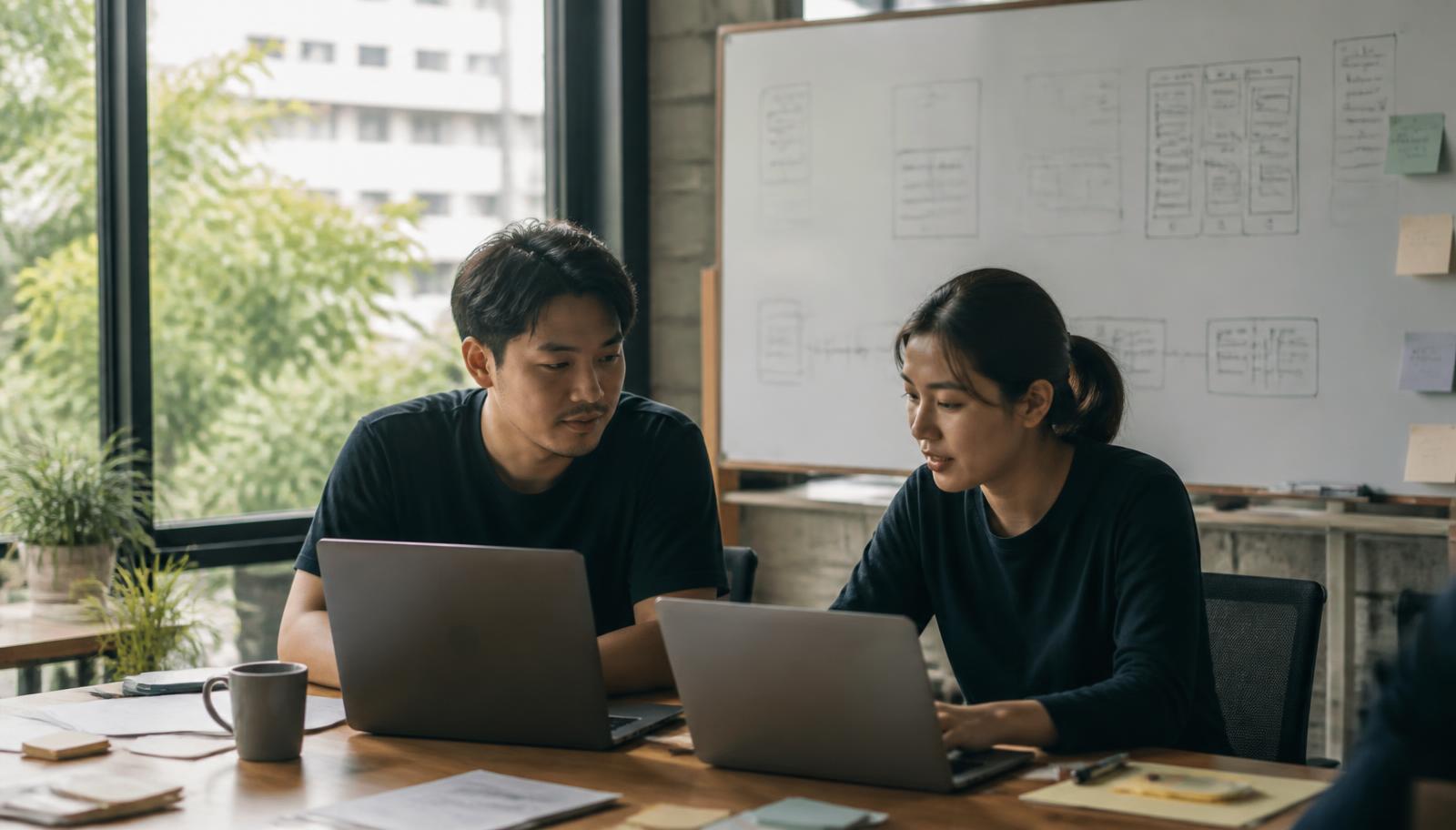 Two startup founders working together in a small office in Thailand
