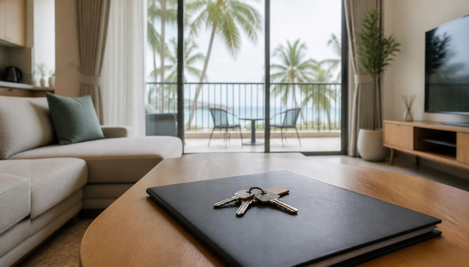 Keys and a signed rental agreement on a table in a Thai condo