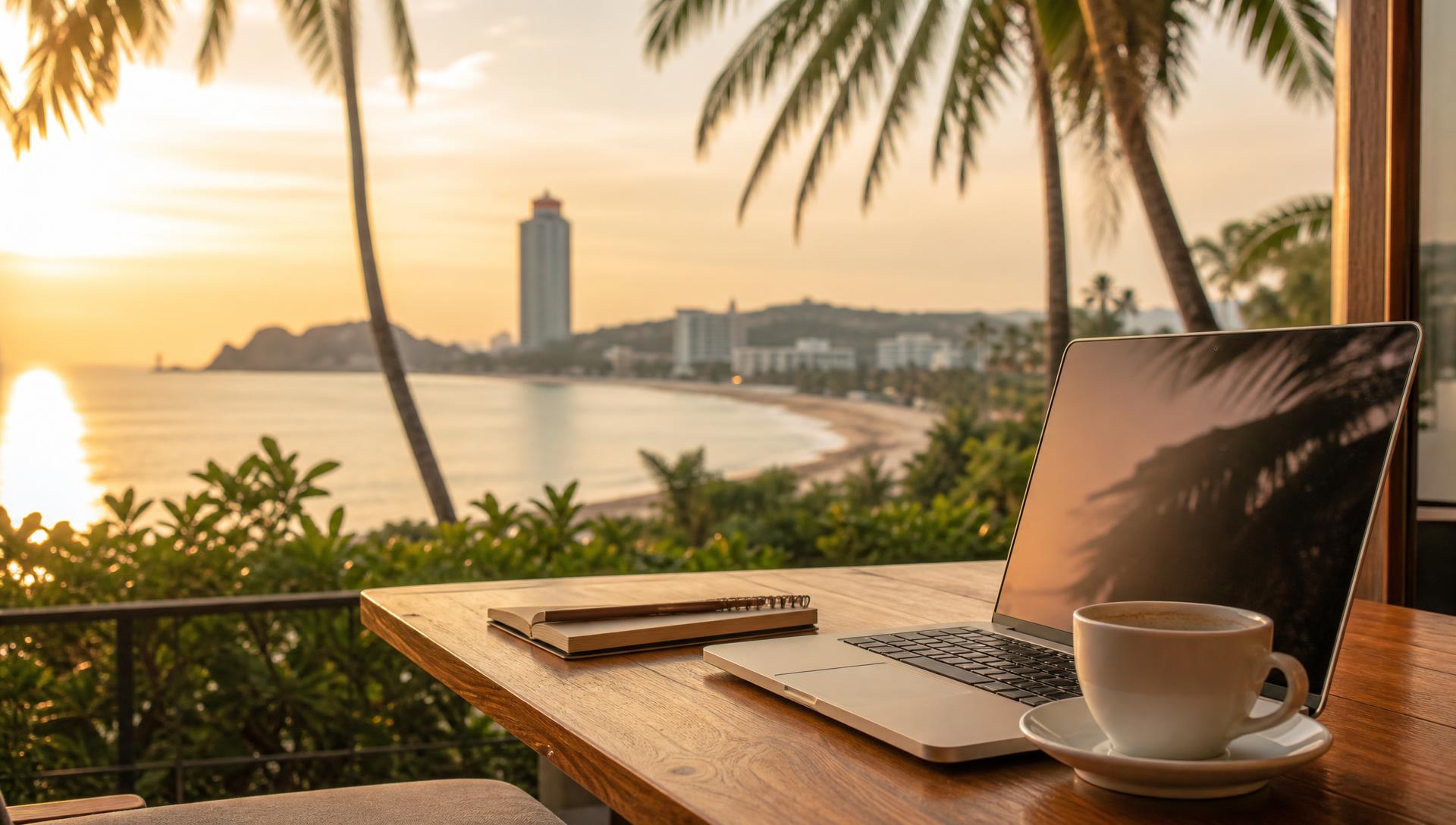 A laptop and coffee on a desk overlooking Hua Hin
